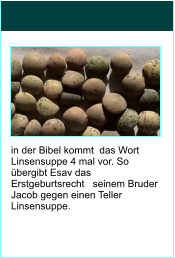 in der Bibel kommt  das Wort Linsensuppe 4 mal vor. So bergibt Esav das Erstgeburtsrecht   seinem Bruder Jacob gegen einen Teller Linsensuppe.