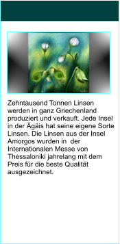 Zehntausend Tonnen Linsen werden in ganz Griechenland produziert und verkauft. Jede Insel in der gis hat seine eigene Sorte Linsen. Die Linsen aus der Insel Amorgos wurden in  der Internationalen Messe von Thessaloniki jahrelang mit dem Preis fr die beste Qualitt ausgezeichnet.